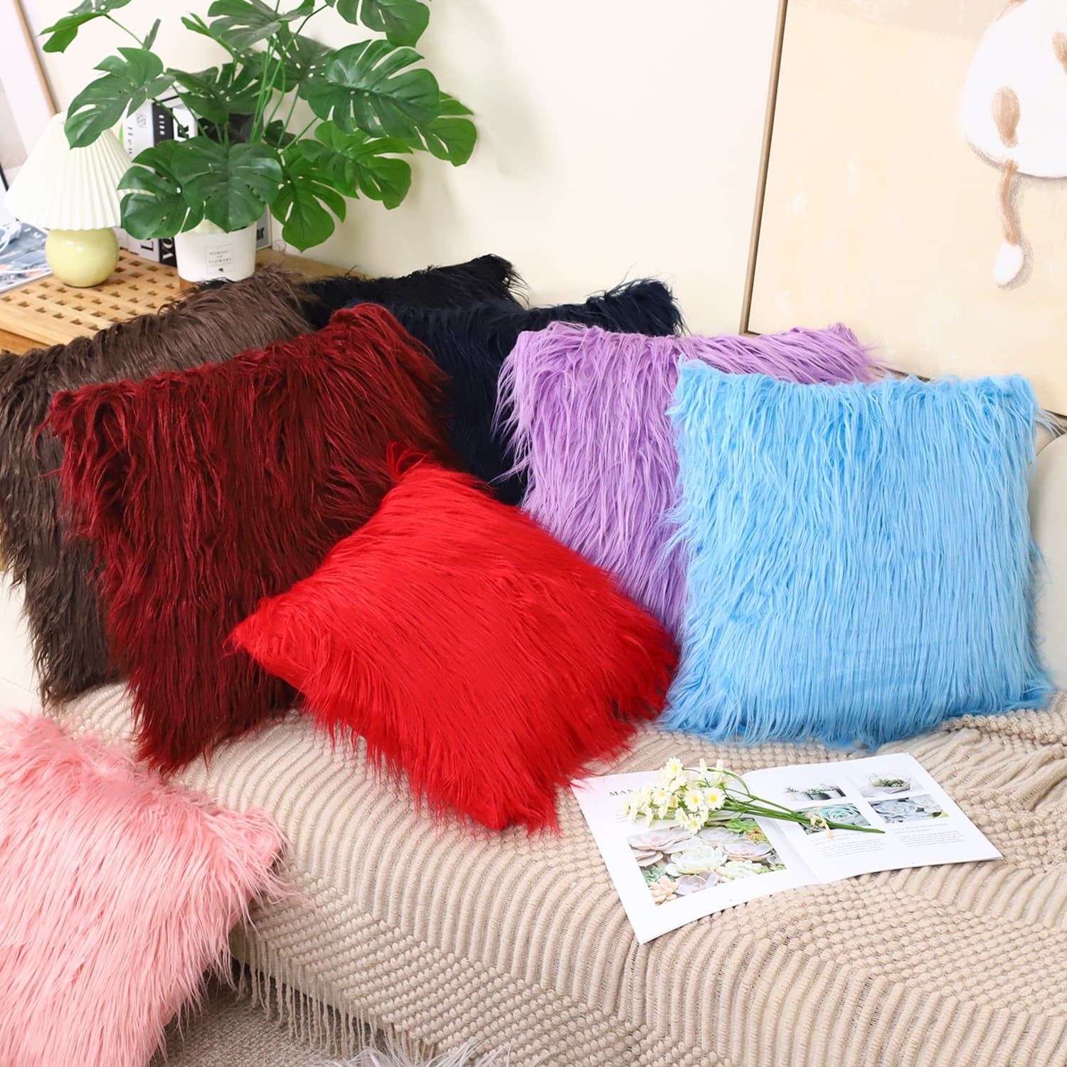 ふわふわ長毛ファー調ソファクッション