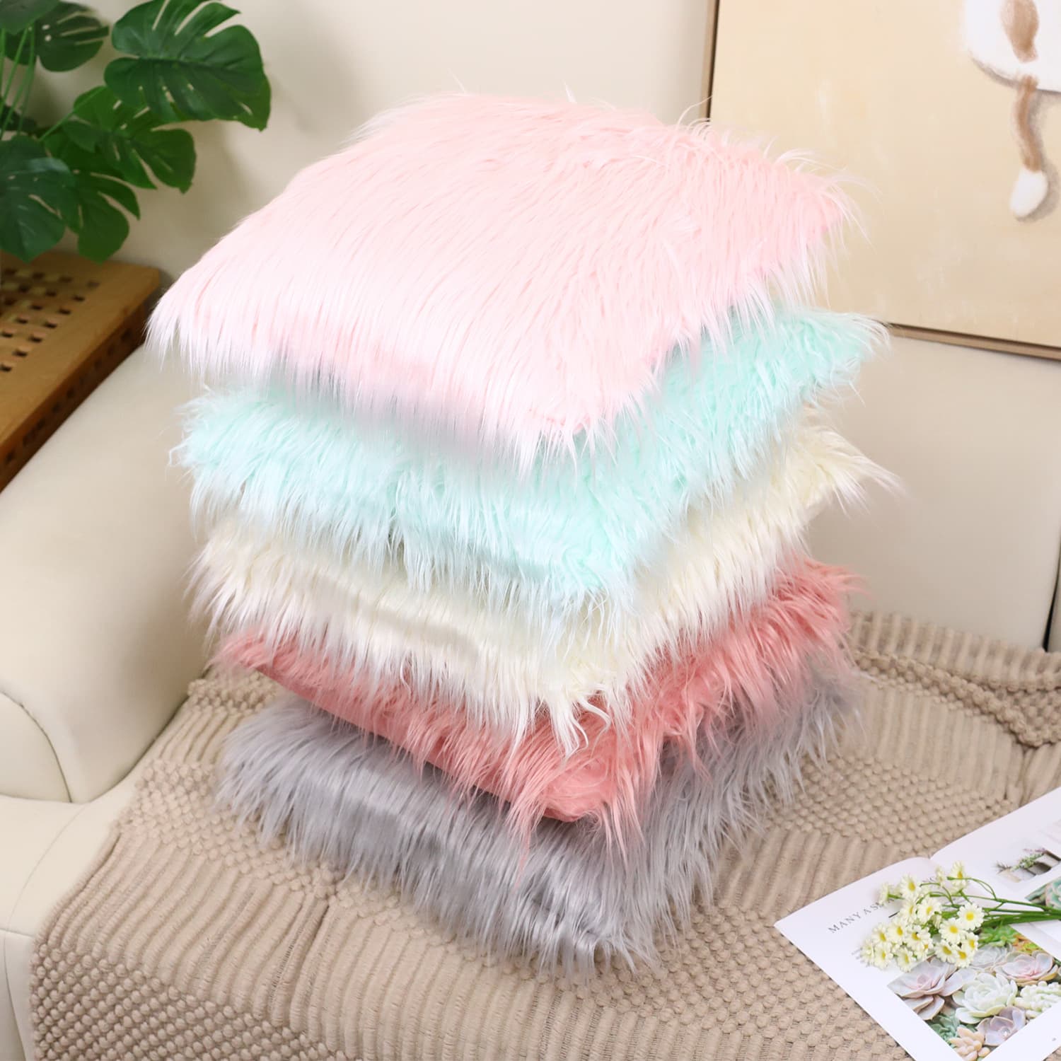 ふわふわ長毛ファー調ソファクッション