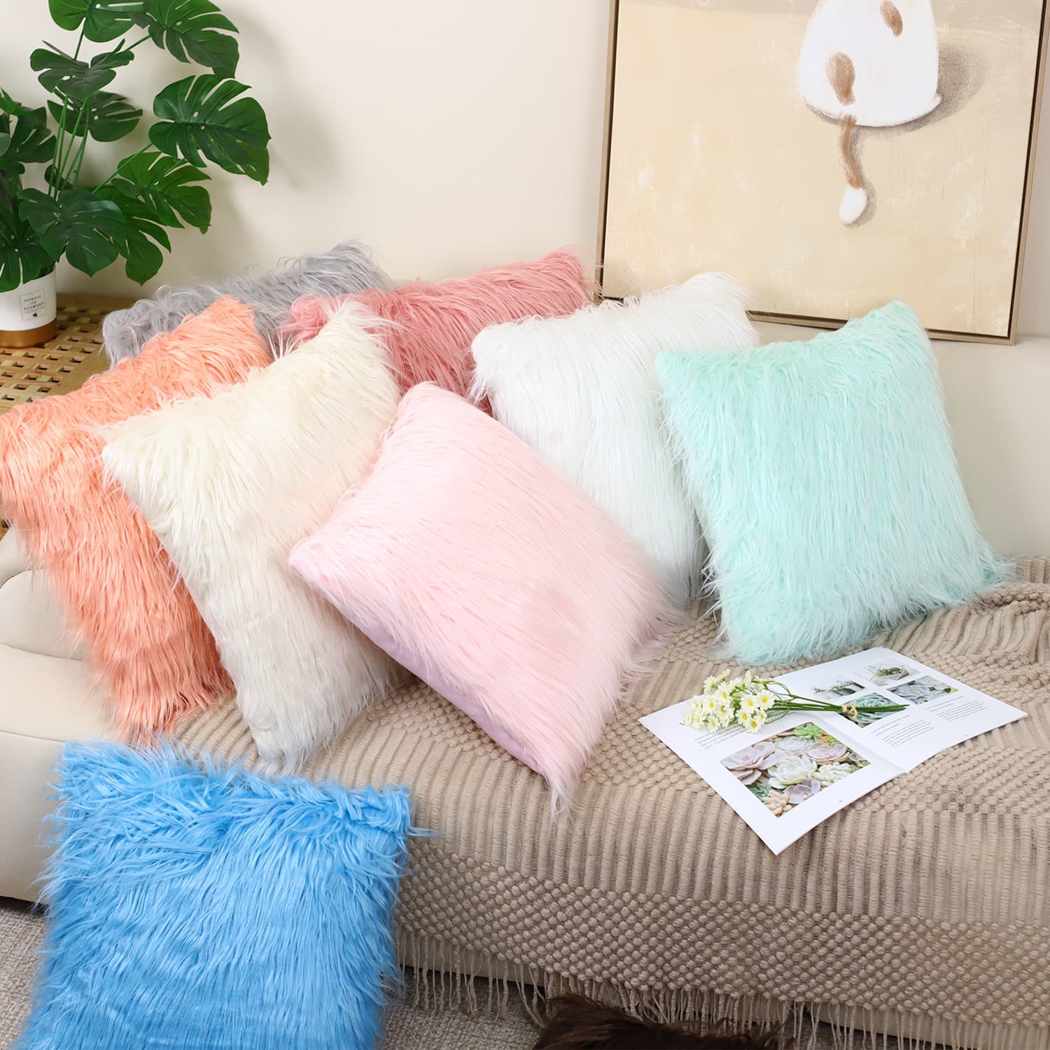 ふわふわ長毛ファー調ソファクッション