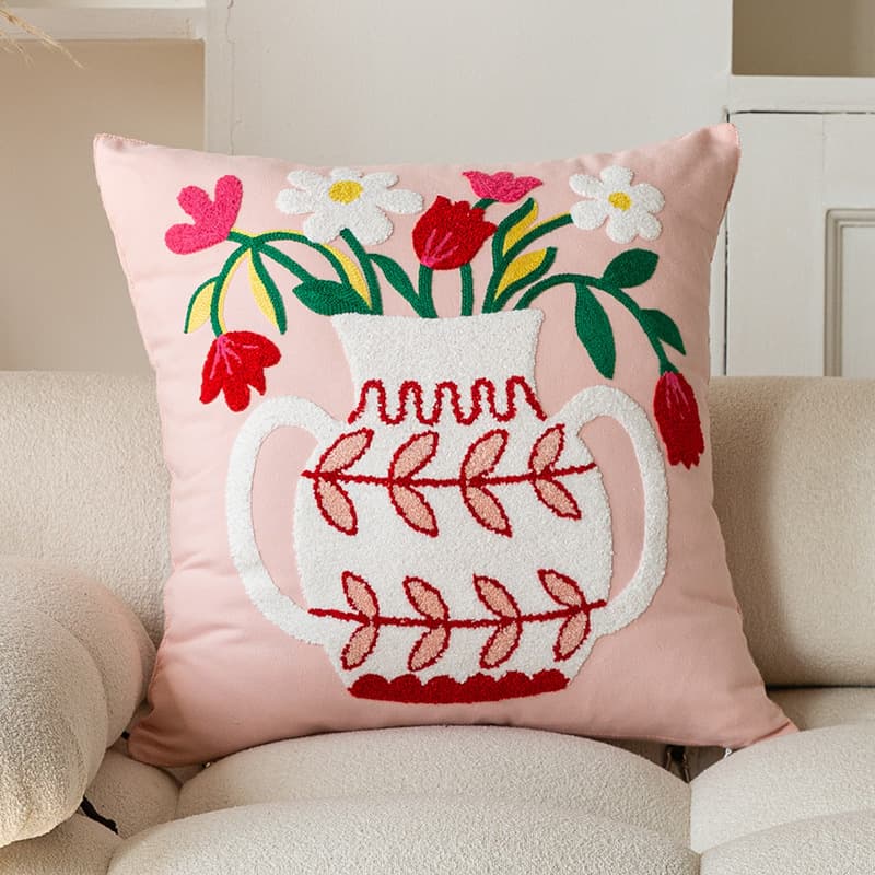 ソファクッション お花モチーフ刺繍入りクッションカバー